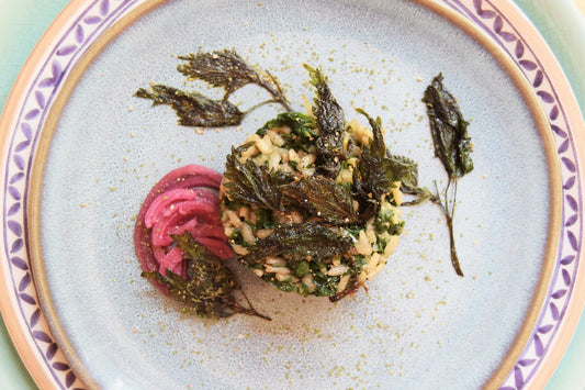 Brennnessel-Risotto mit Brennnessel-Chips &#038; rosa Zwiebeln