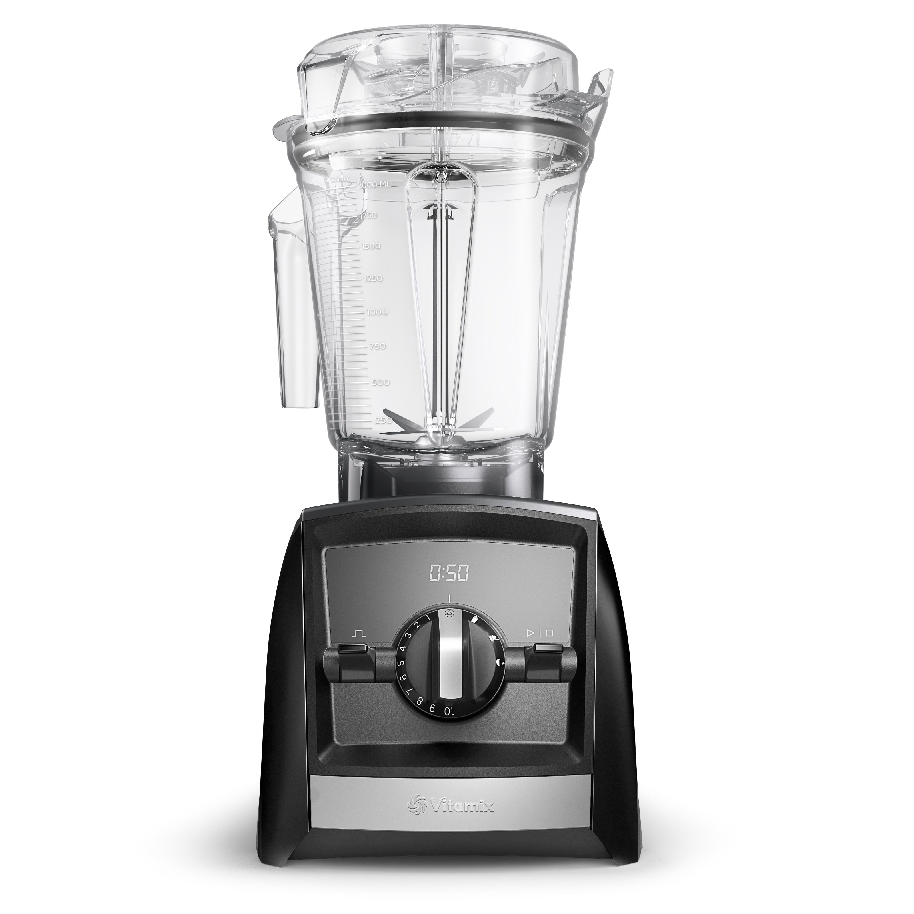 Vitamix Ascent A2500i high-performance blender in black with 2.0L Interlock container - front product view showing timer display and 3 program switches