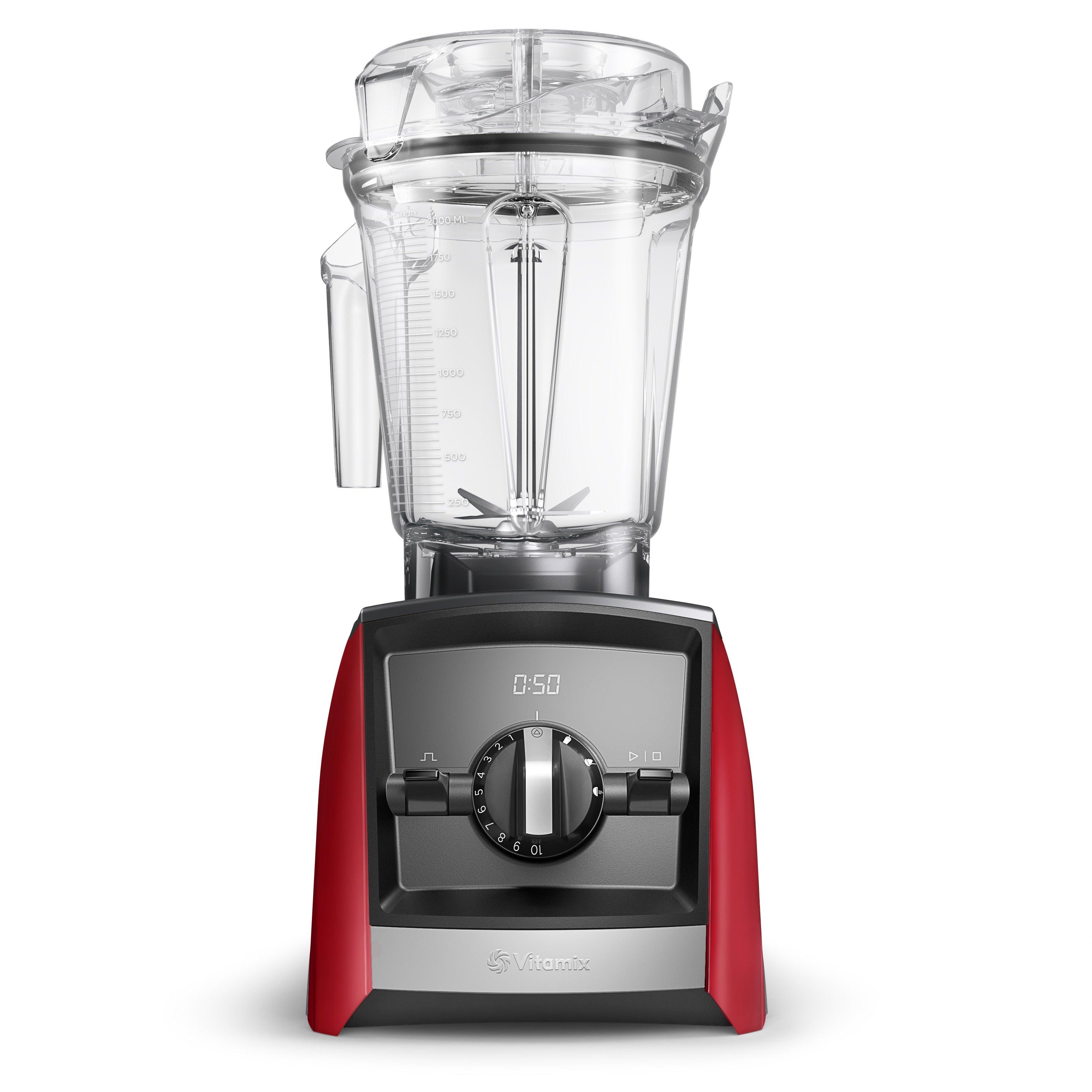 Vitamix Ascent A2500i in vibrant red with 2.0L Interlock container - front product view with timer and 3 program buttons
