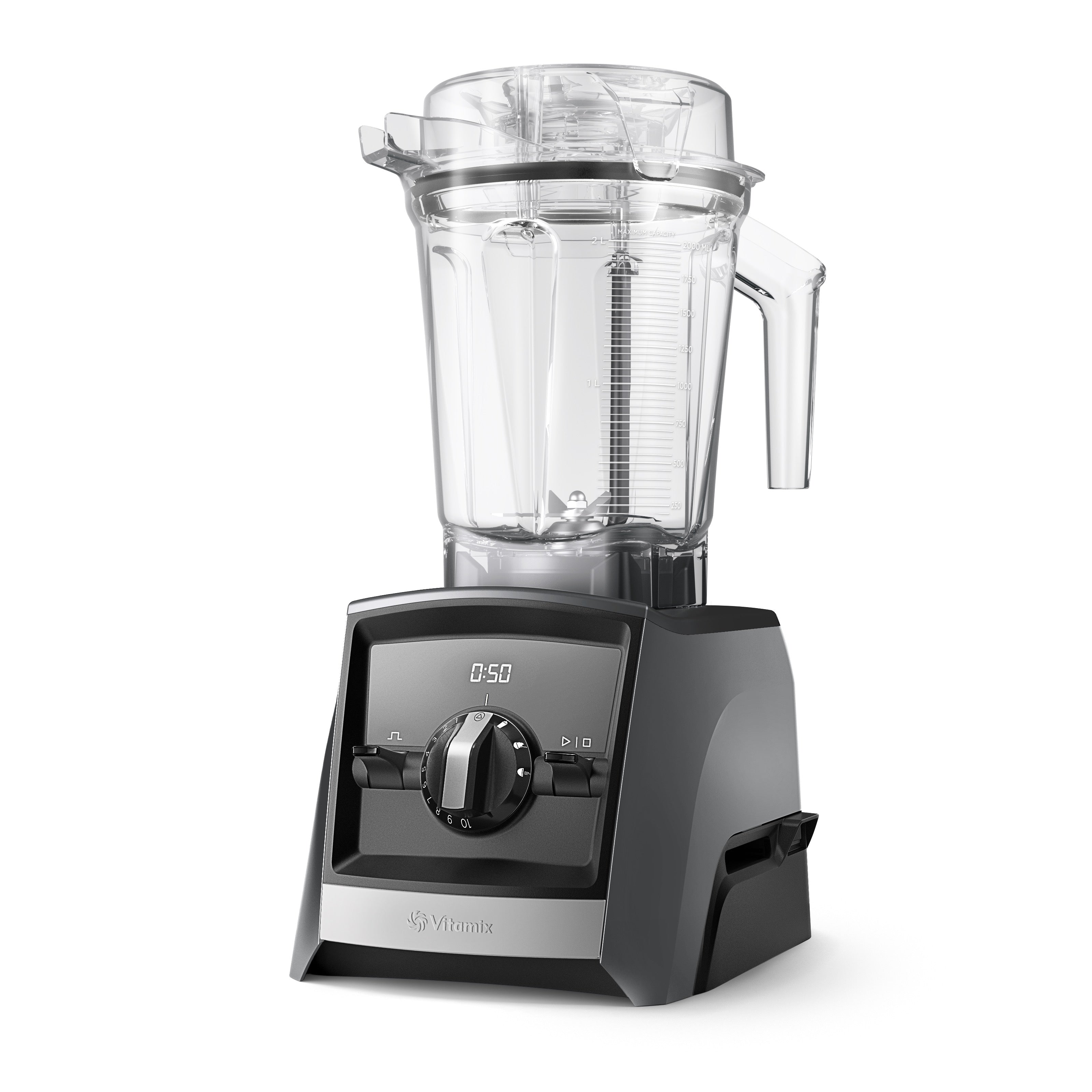 Vitamix Ascent A2500i high-performance blender in slate grey - elegant left side view with transparent 2.0L Interlock container