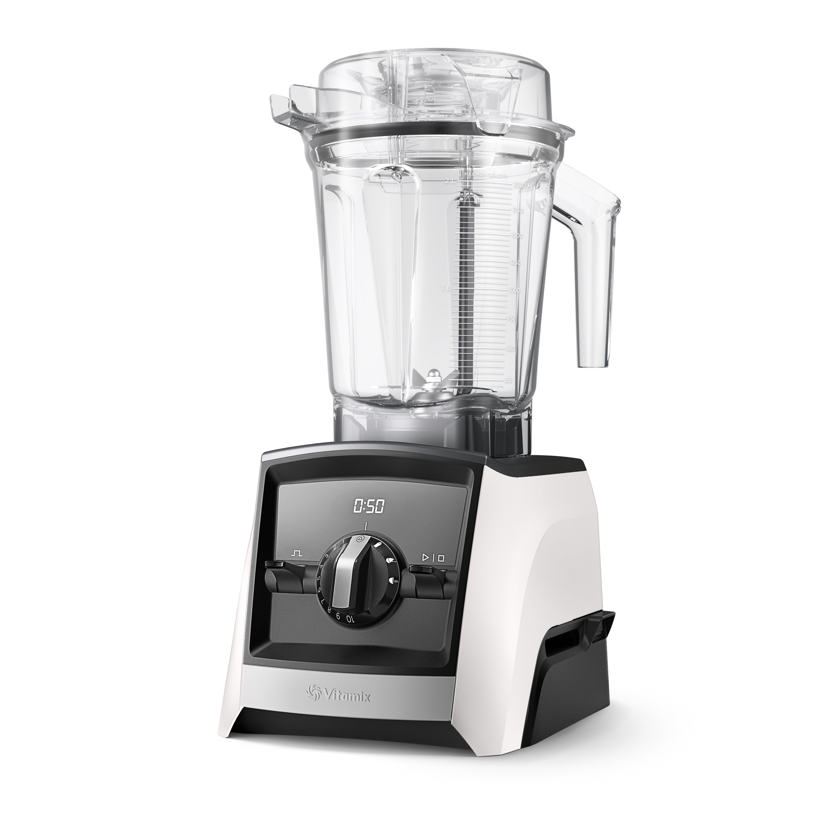 Vitamix Ascent A2500i in white - elegant left side view showcasing minimalist design and 2.0L Interlock container