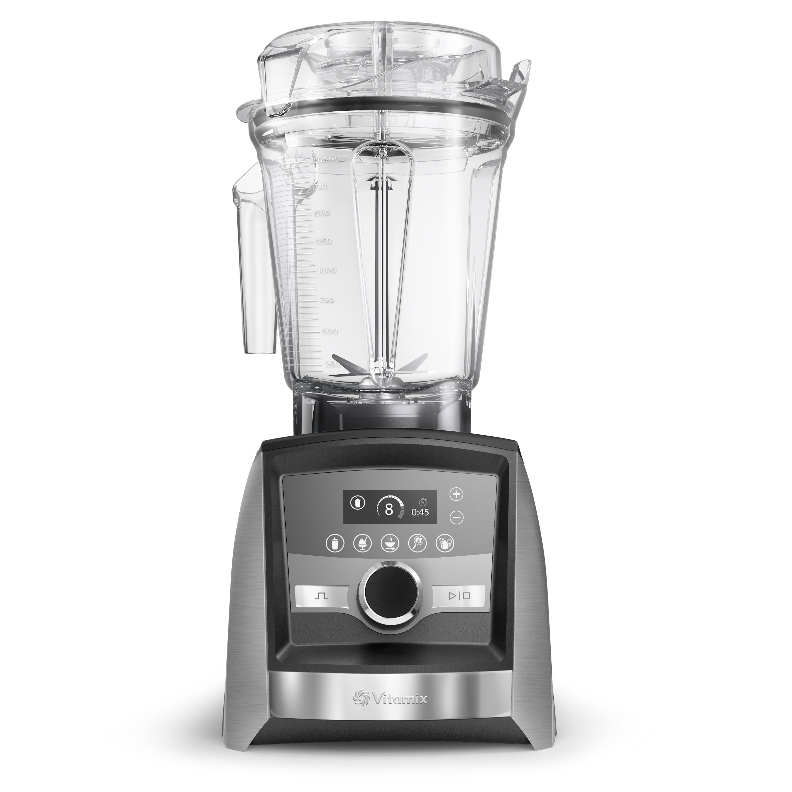 Vitamix Ascent A3500i in brushed stainless steel with touch display - front product view showing 5 automatic programs and 2.0L Interlock container