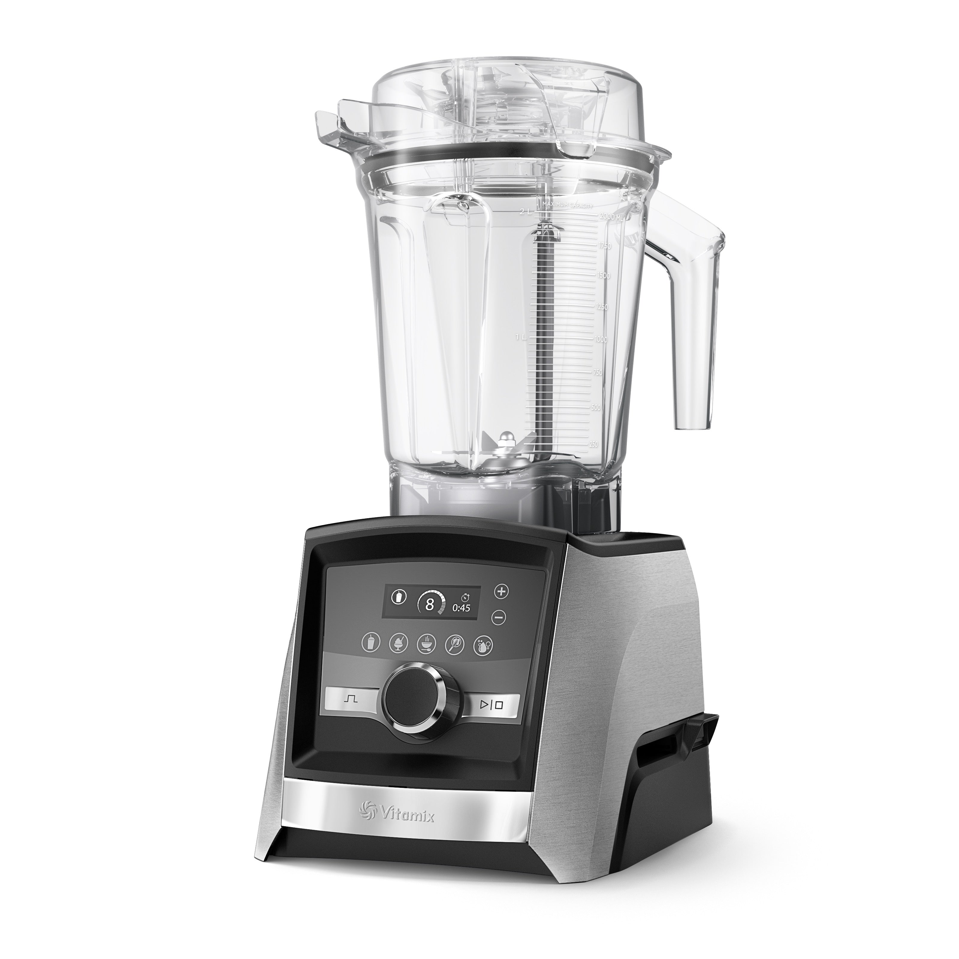 Vitamix Ascent A3500i high-performance blender in brushed stainless steel - left side glamour view with touch control panel and 2.0L container