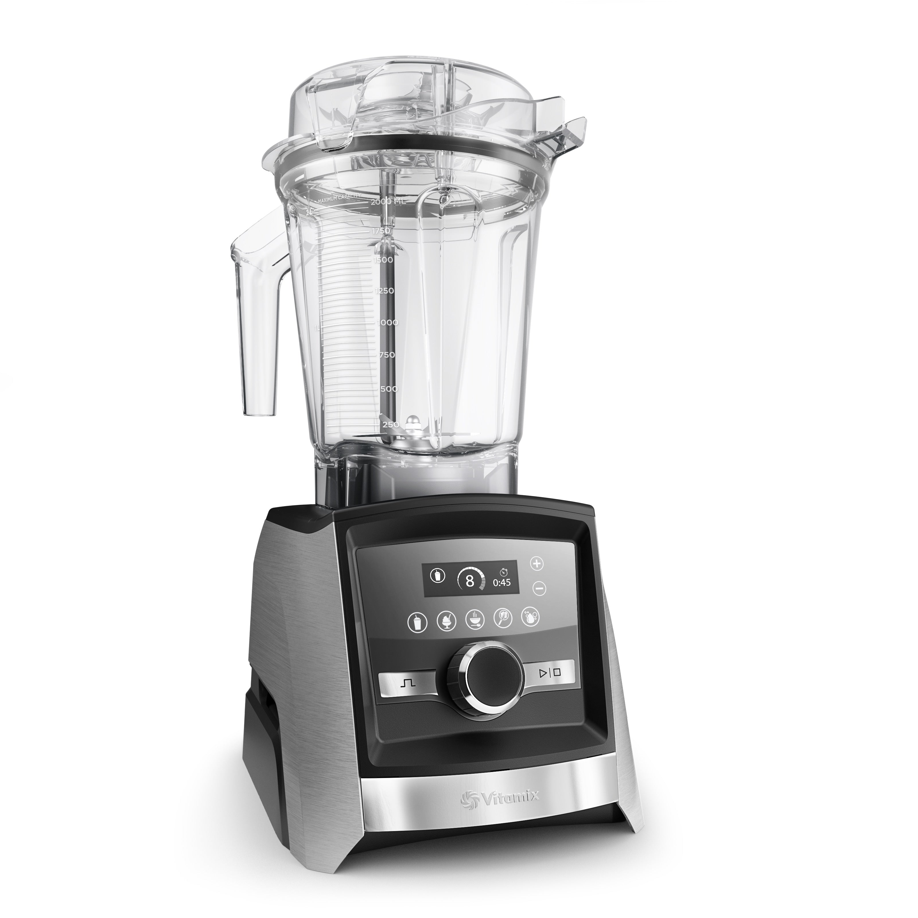 Vitamix Ascent A3500i in brushed stainless steel - proud angled view presenting touch display and premium stainless steel design