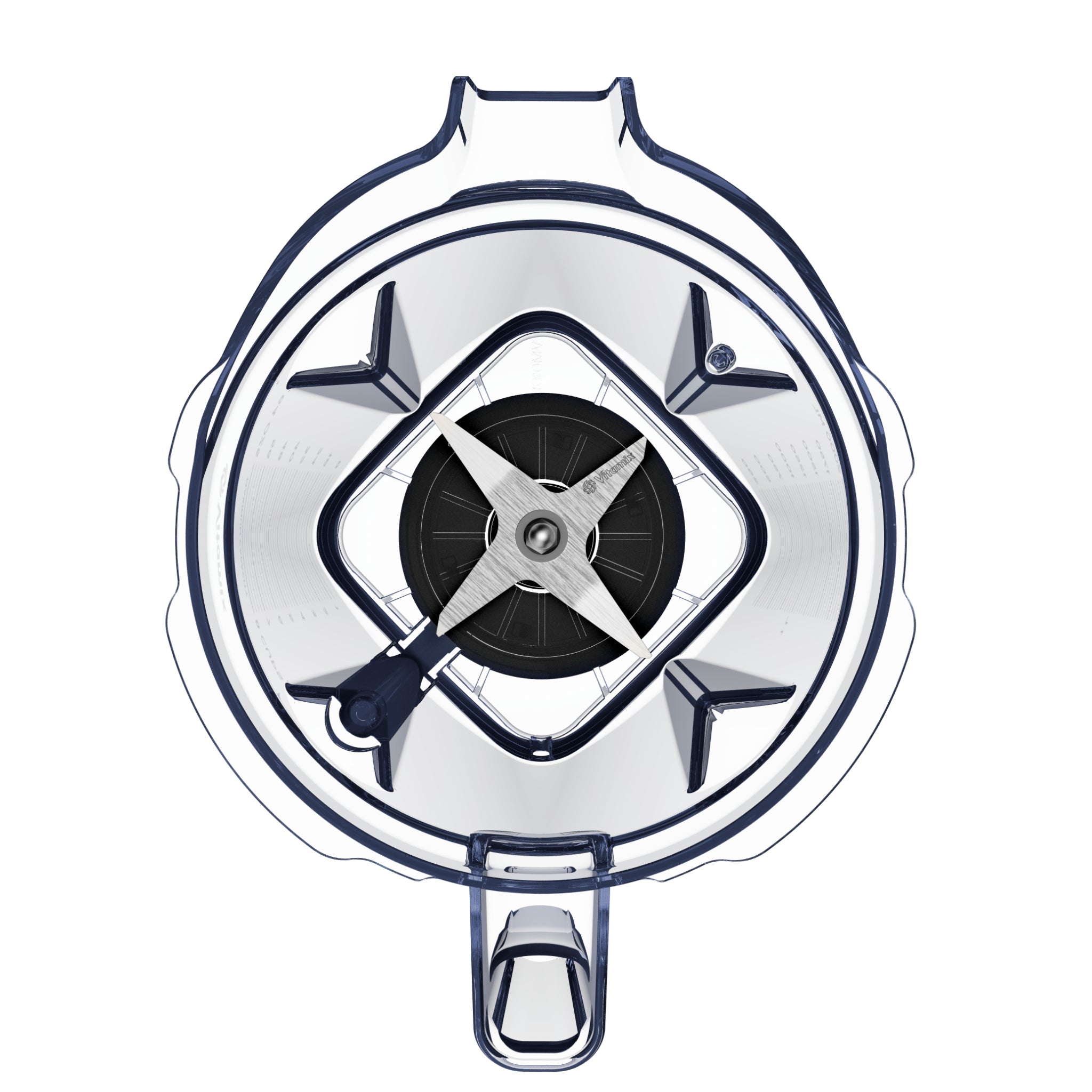 Vitamix 2.0 liter container lid with interlock system - top view showing central locking mechanism and blades