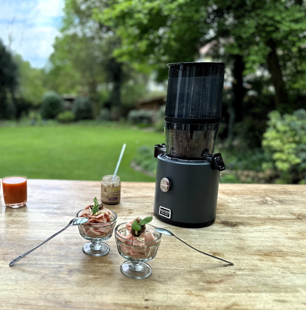 Hurom H330P Slow Juicer mit Eis und Säften