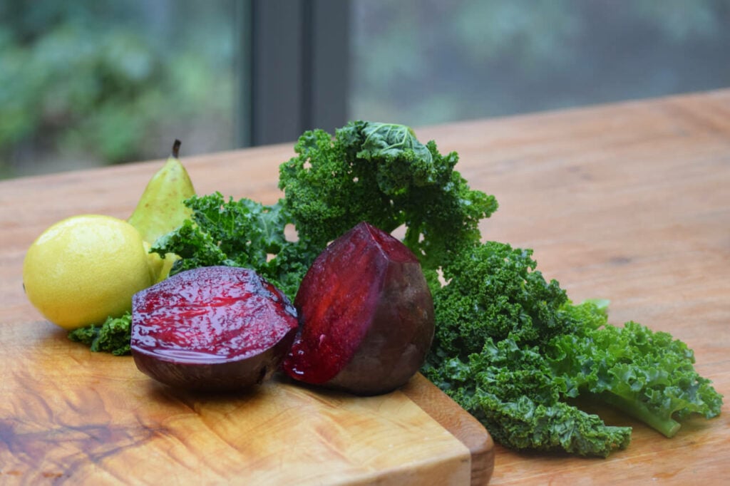 Zutaten rote Beete / rote Bete + Gruenkohl + Birne
